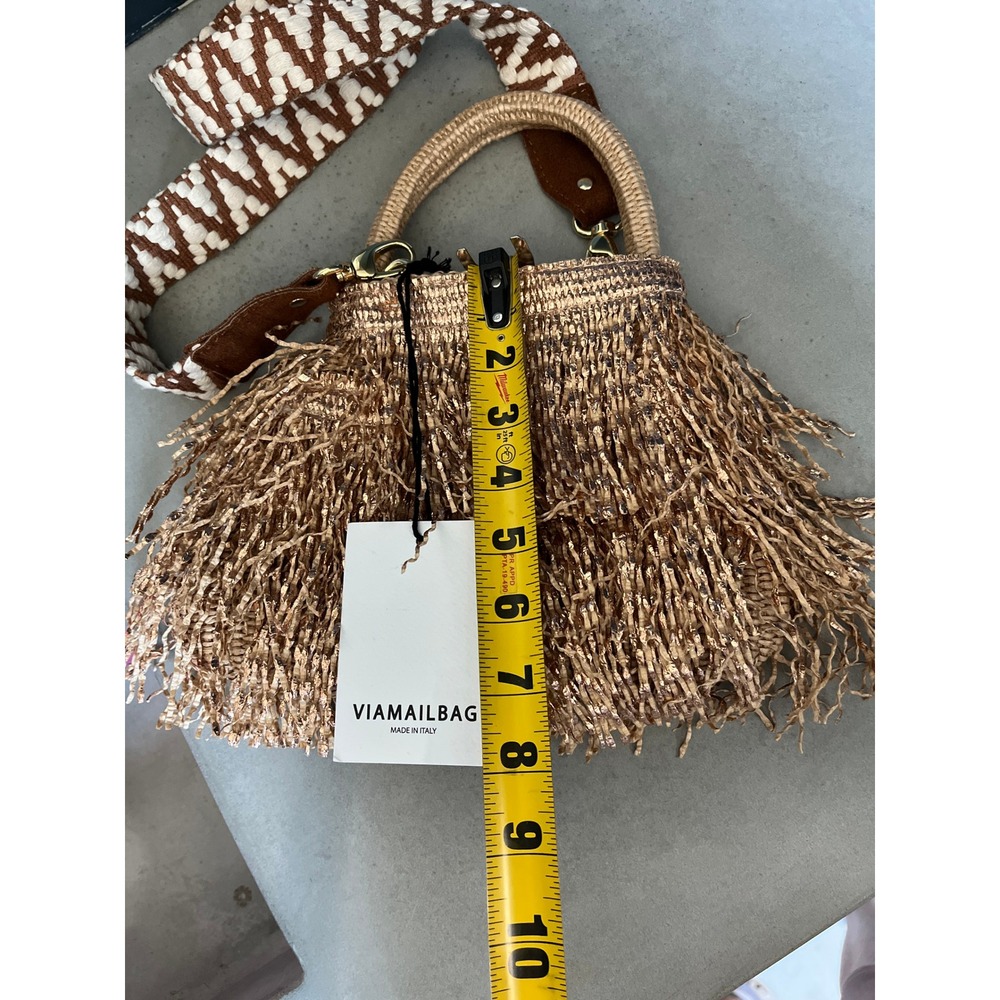 ViaMailBag Italy Rose Gold Glitter Fringe Straw Bucket Bag Boho Summer Festival - Picture 15 of 16